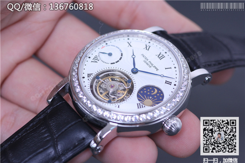高仿百达翡丽手表-超级复杂功能计时系列 星月相陀飞轮腕表 精钢镶钻表圈