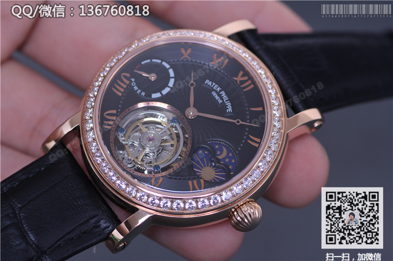 高仿百达翡丽手表-超级复杂功能计时系列 星月相陀飞轮腕表 玫瑰金镶钻表圈